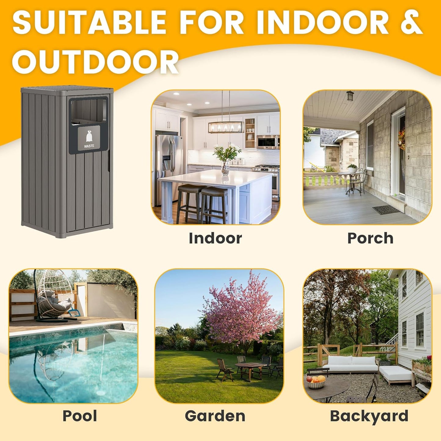 Outdoor Trash Can Waterproof Resin Garbage Can with Garbage Labels Outdoor Trash Bin for Patio, Garden,Kitchen