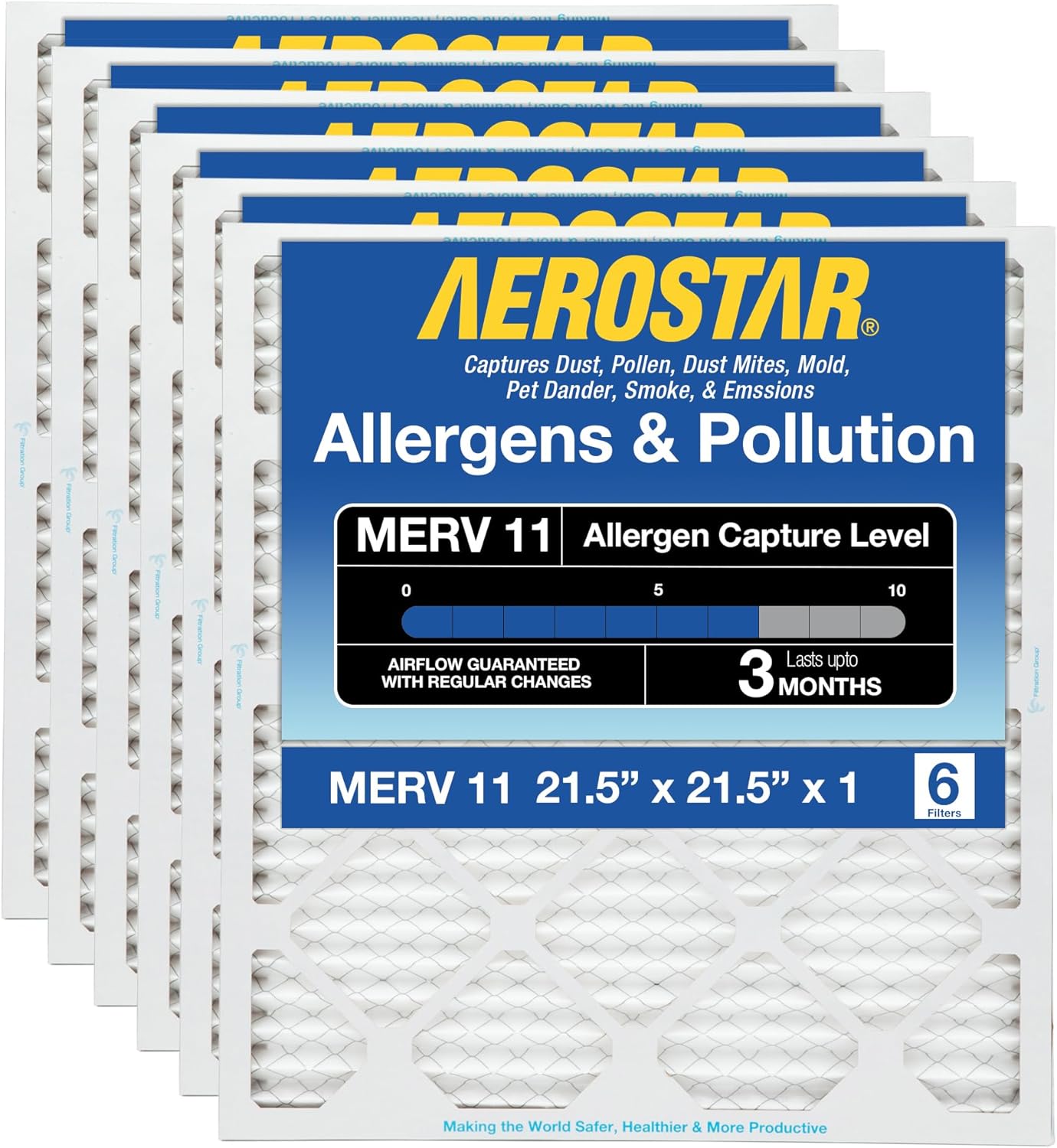 Aerostar 21.5x21.5x1 MERV 11-6 Count - Pleated Furnace & Air Conditioner Filters - Removes Dust, Cold & Flu Germs, Lint, Mold, Pet Dander, Allergy-Causing Pollen, Smog & Smoke