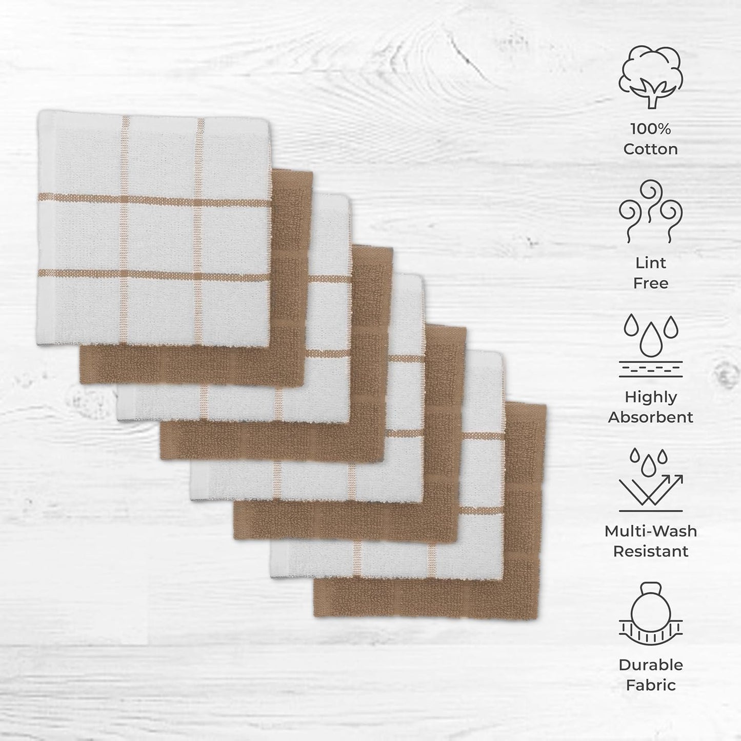 100% Cotton Terry Dish Cloth & Dish Towel, 6 Pack, Super Soft and Absorbent Kitchen Towels, Perfect for Kitchen Cleaning and Dish Washing (TAN (Solid and Checks) 8 Pack)