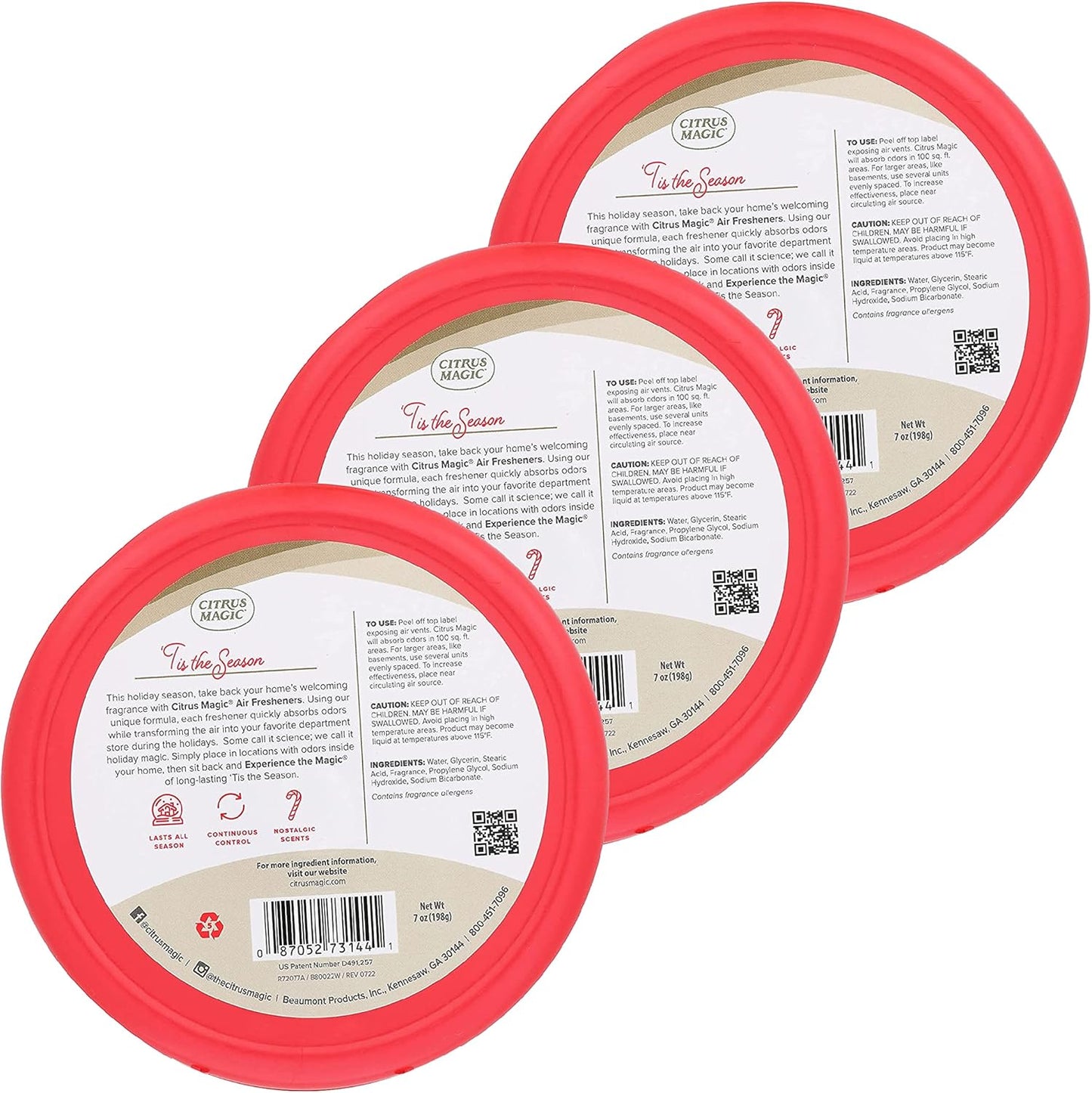 Citrus Magic Holiday Odor Absorbing Solid Air Freshener, 'Tis the Season, 7-Ounce, Pack of 3