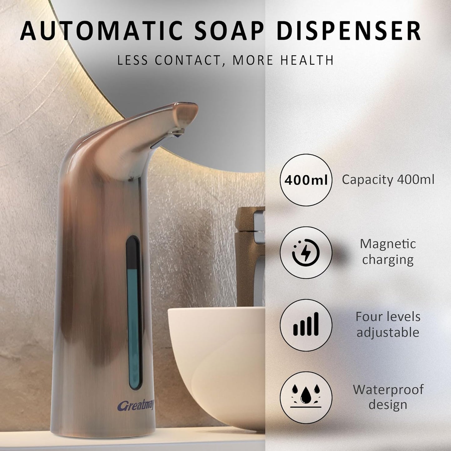 Convenient Automatic Soap Dispenser,4 Adjustable Levels Touchless Hand Sanitizer Pump with Infrared Sensor, 400 ml Countertop Electric Dispenser for Bathroom,Kitchen