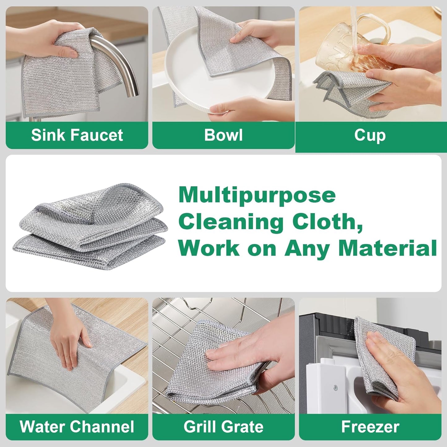 JOYMOOP Multipurpose Non-Scratch Silver Fiber Dishwashing Cloths, Reusable Cleaning Rags, Scrubbing Pads for Dishes, Glass, Stainless Steel - 5 Pack