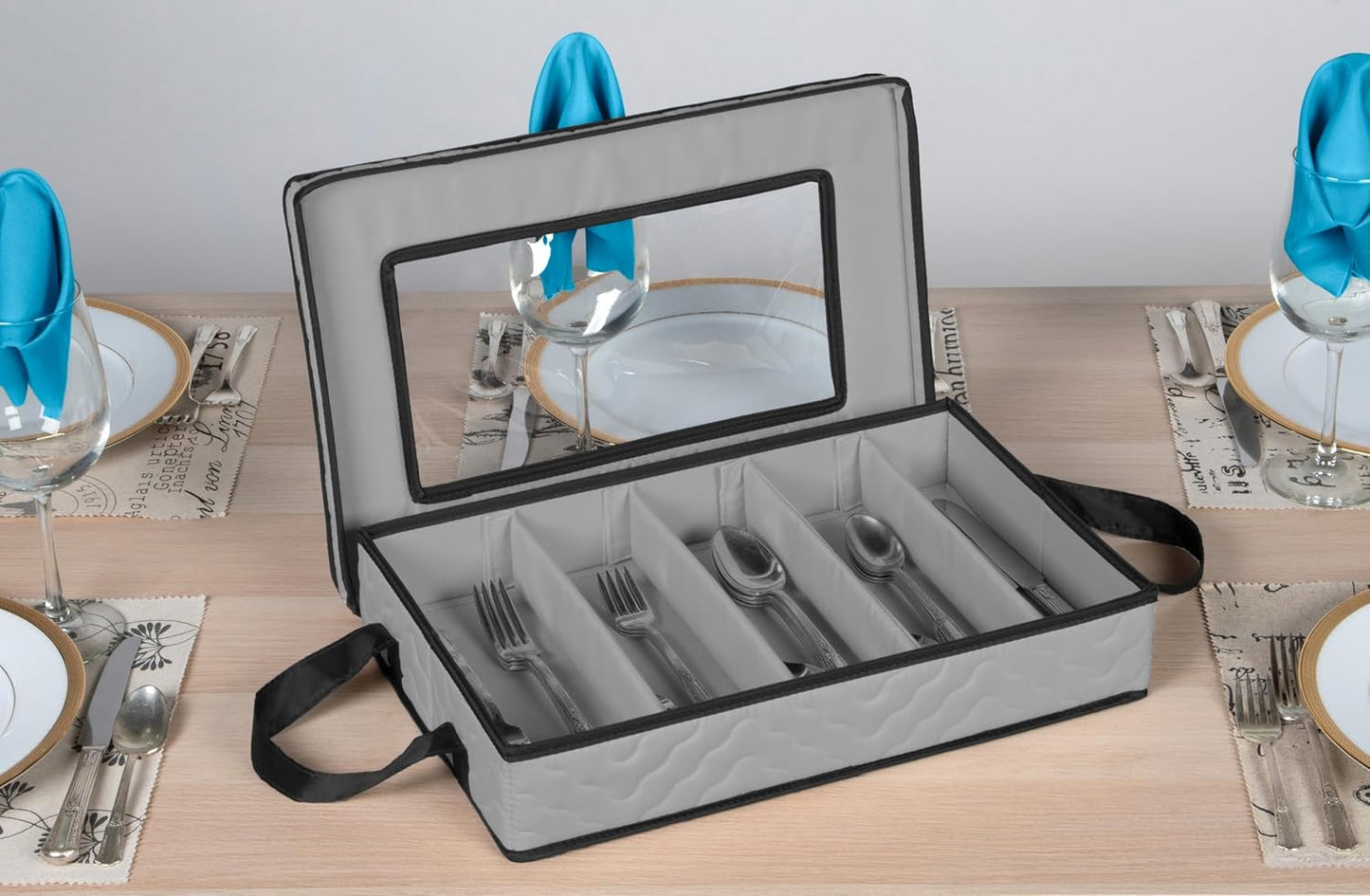 Flatware Storage Case - Durable 5 Compartment Silverware Storage Container Box with Removable Lid and Easy to Carry Handles - Large Capacity Keeps Your Cutlery Organized & Protected - Gray