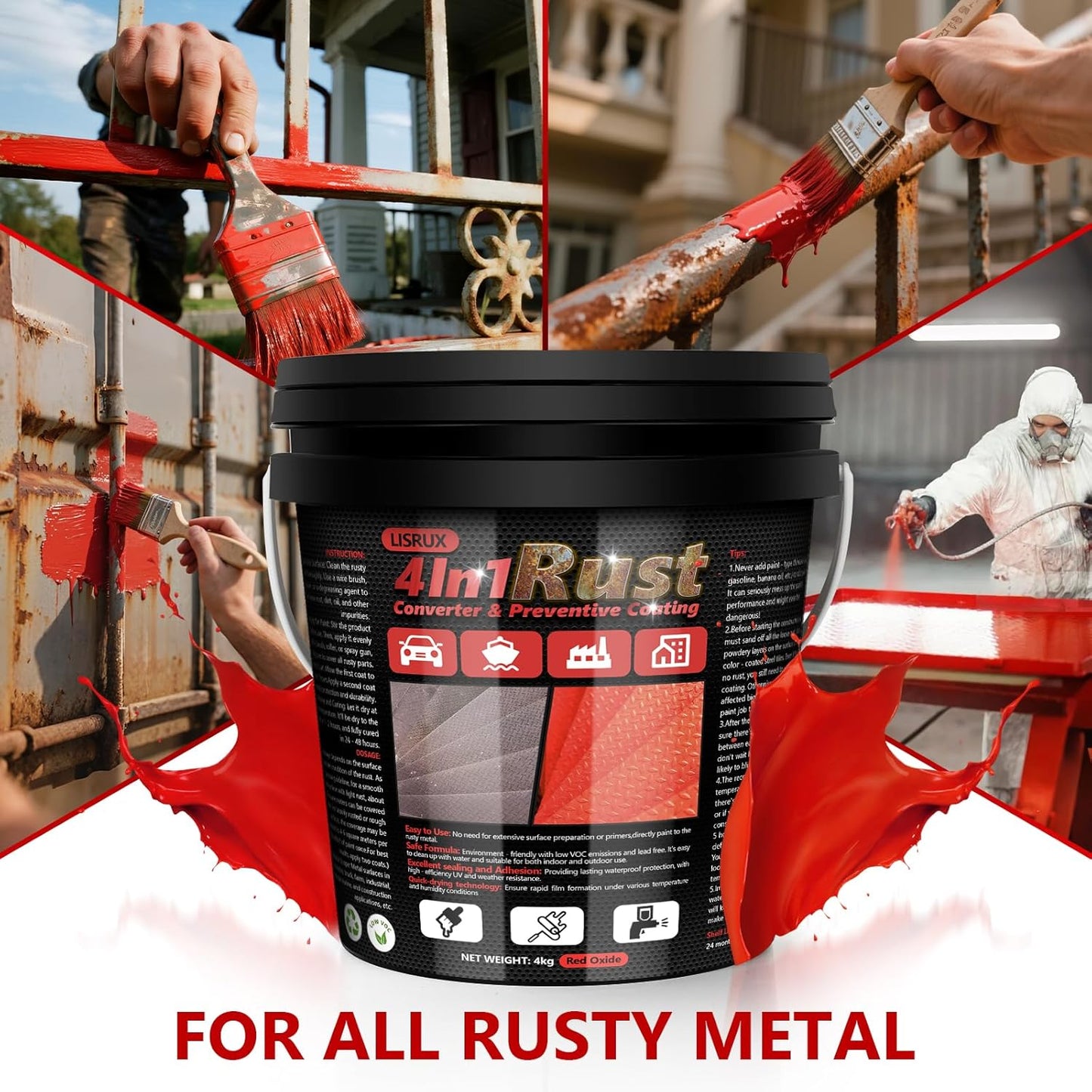 4-in-1 Rust Converter & Metal Primer, 141 Fl OZ Red Rust Inhibitor Paint for Metal, Remove & Convert Rust And Also Protect, Industrial Grade Water Based Rust Reformer, Heat Resistance & UV Resistant