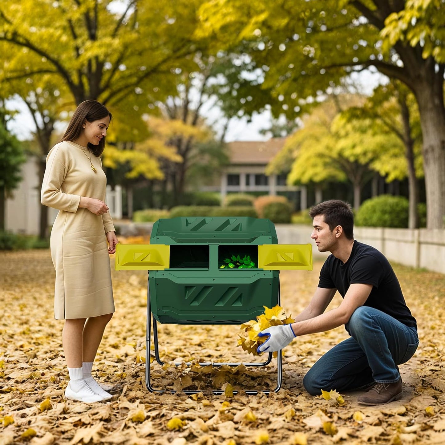 43 Gallon Outdoor Dual Chamber Tumbling Composter - BPA Free, Rotating Compost Bin with Sliding Doors & Steel Frame for Garden/Yard