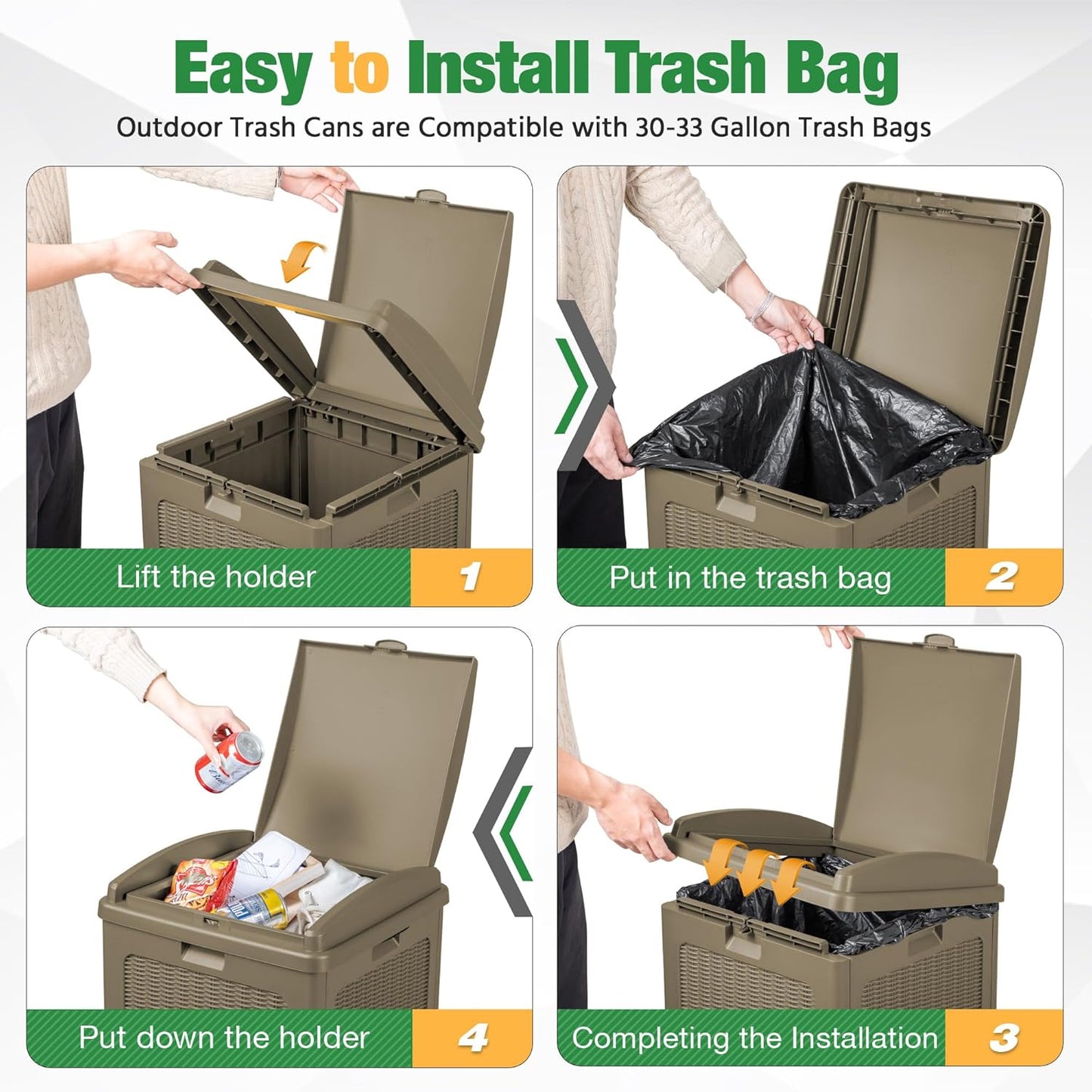 Flamaker 30 Gallon Trash Can, Resin Outdoor Garbage Can with Lid, Waterproof Hideaway Patio Waste Bins for Outside Use (2 Pack, Brown)