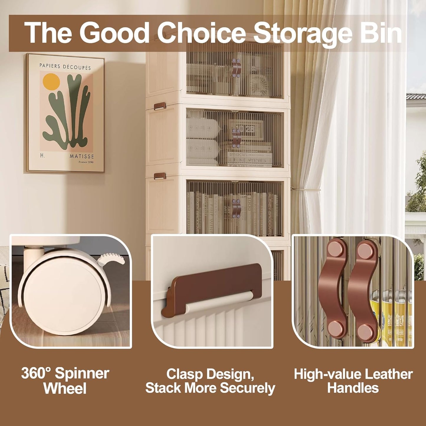 SAILUN 109Gal/434Qt Stackable Storage Bins Folding Collapsible Storage Bins with Lid, Closet Organizers and Storage Box Beige 26" W x 17" D x 56.7" H