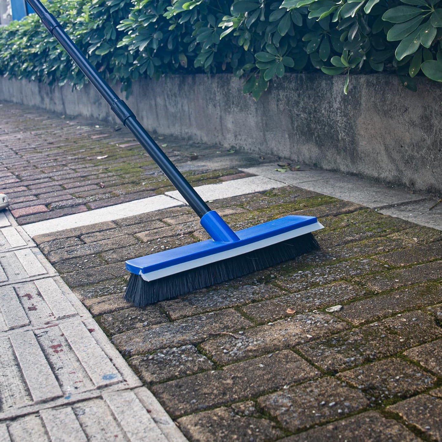 16 Inch Push Broom Outdoor 2 in 1 with Rubber Squeegee and Stiff Bristle Deck Brush 58" Long Handle for Deck Patio Garage Warehouse Driveway Concrete Floor Cleaning Scrubbing(Blue)