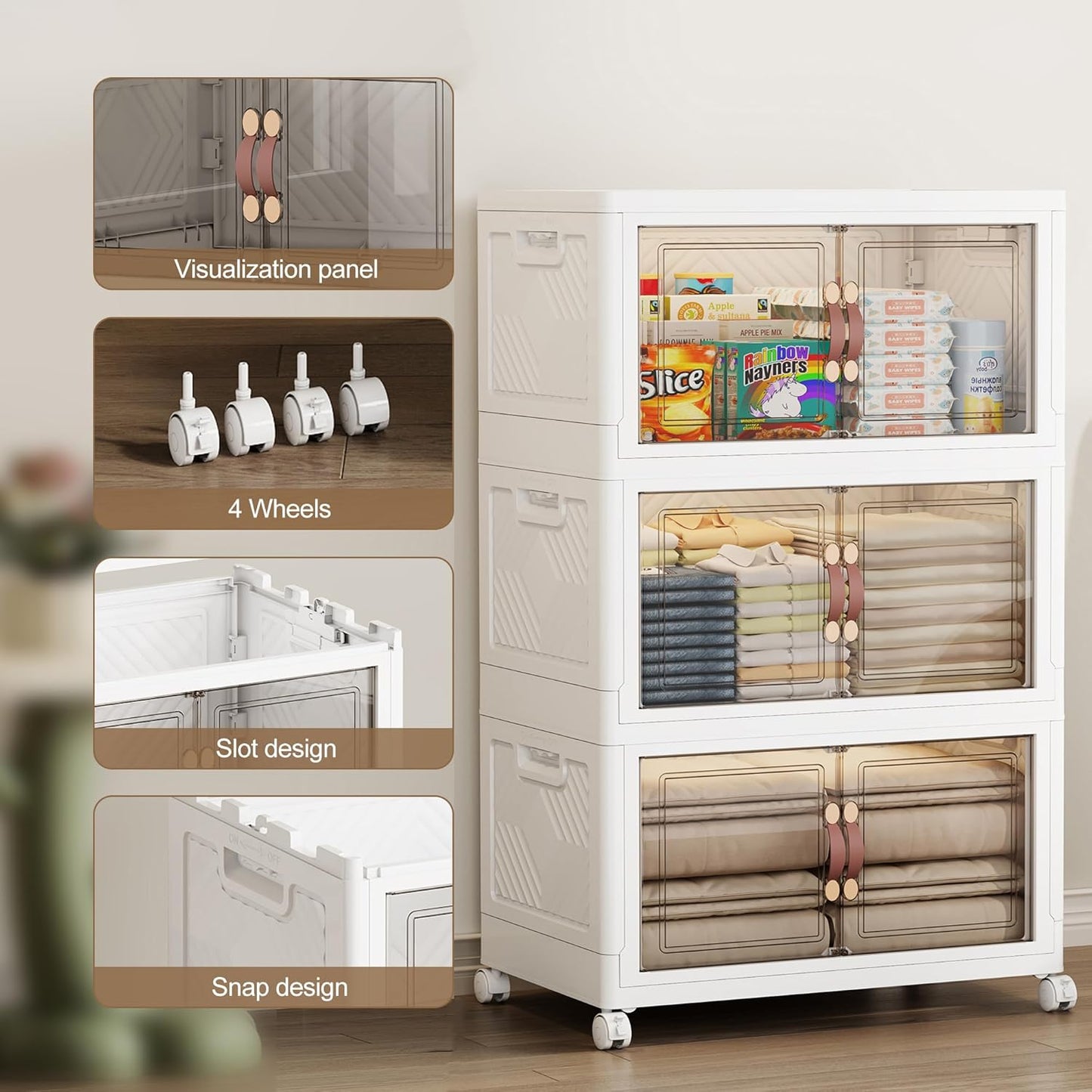 SAILUN 231QT Extra Large Collapsible Storage Bins with Wheels and Lid, Stackable Storage Bins Open Closet Organizers and Storage Storage Containers Drawers,23.6" L × 15" W × 42" H（3 Pack）