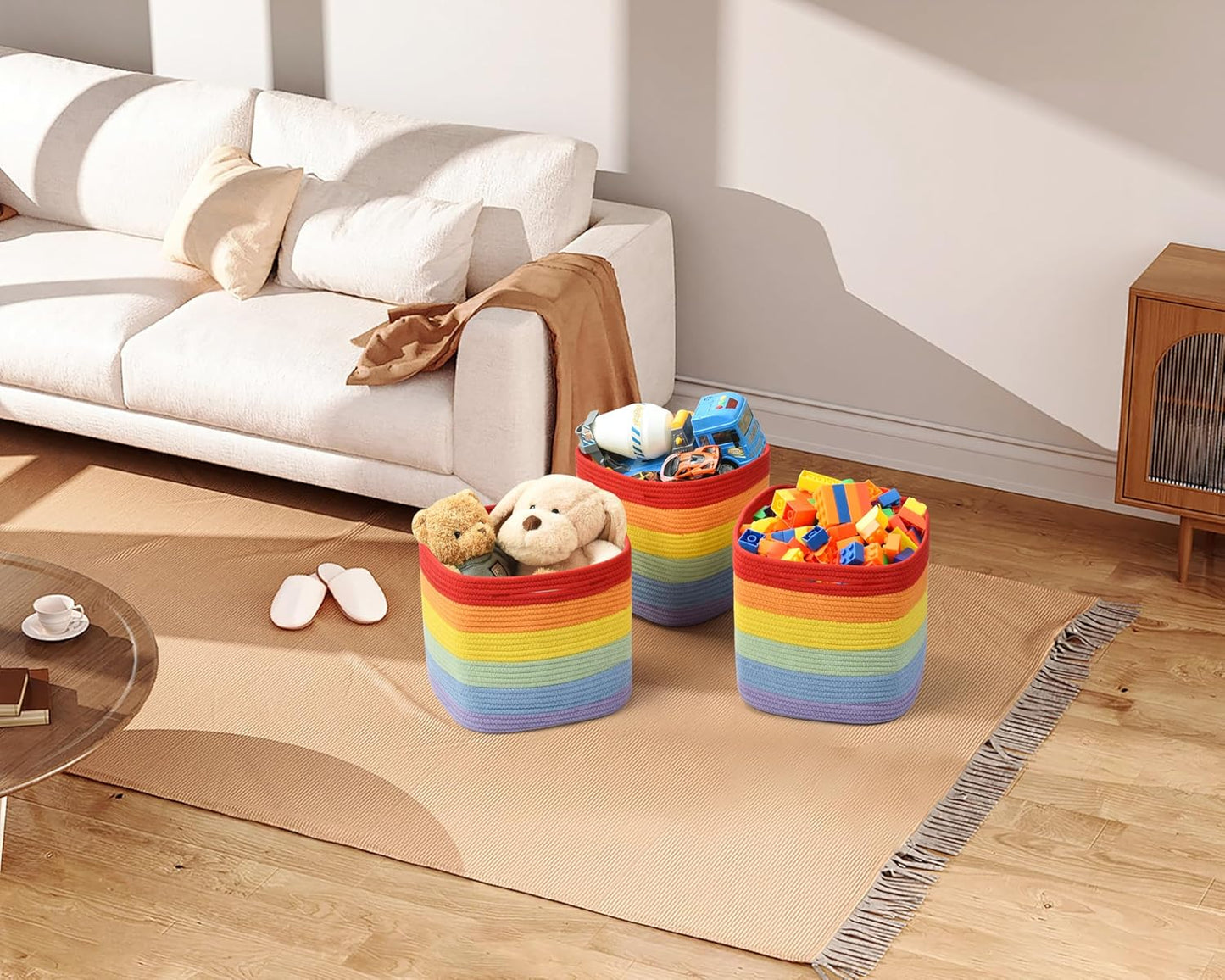 3 Pack Storage Cubes 11 Inch Cotton Rope Woven Baskets for Organizing Cube Bin Square Shelves Organizer,Classroom,Kids Toy Bins,Closet,Baby Nursery(Rainbow)
