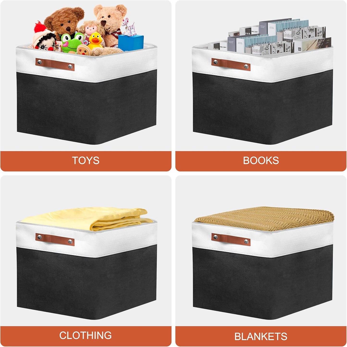 13in Open Fabric Storage Basket with Leather Handles for Organizing, Collapsible Linen Closet Bins for Shelves, Closets, Laundry, Decorative Basket for Gifts. (White＆Black, 2PCS/13x13in)