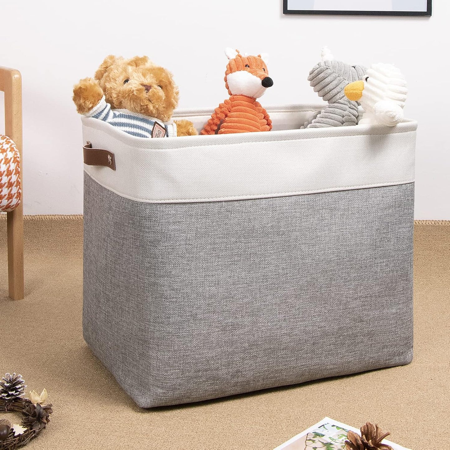 DULLEMELO Large Storage Baskets with Handles, Fabric Storage Bins for Organizing Clothes Toys Books, Canvas Storage Bin for Office Bedroom Closet Nursery Laundry Storage (White&Gray)