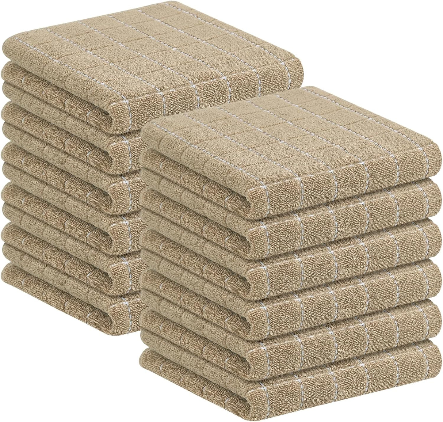 Homaxy 100% Cotton Terry Kitchen Towels(Tan, 13 x 28 inches), Checkered Designed, Soft and Super Absorbent Dish Towels, 12 Pack
