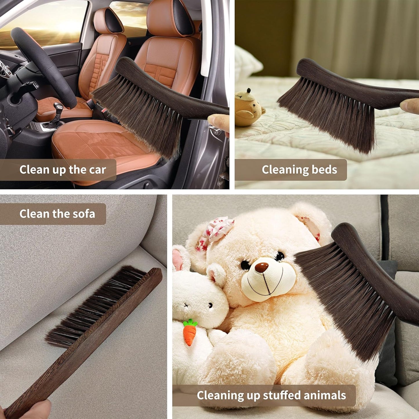 2 Pcs Wooden Hand Broom Brush, Dust Bench Brush Whisk Broom Soft Bristle Brush for Car Bed Furniture Clothes Couch Draft Sofa Fireplace Clothes Household Cleaning with Long Wood Handle(Brown)