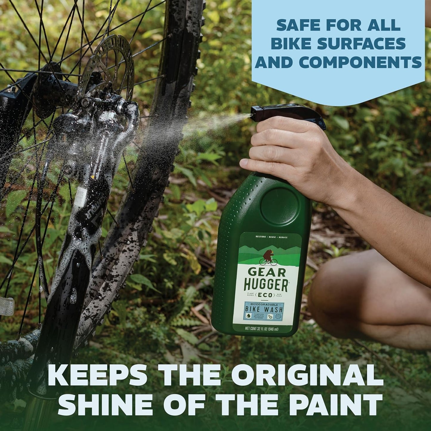 Gear Hugger Bike Wash Spray (32 oz, Pack of 1) – Eco-Friendly Cleaner Spray, Wash Soap with Natural Saponins & Eucalyptus – Safe for All Bikes, Anti Corrosion Spray