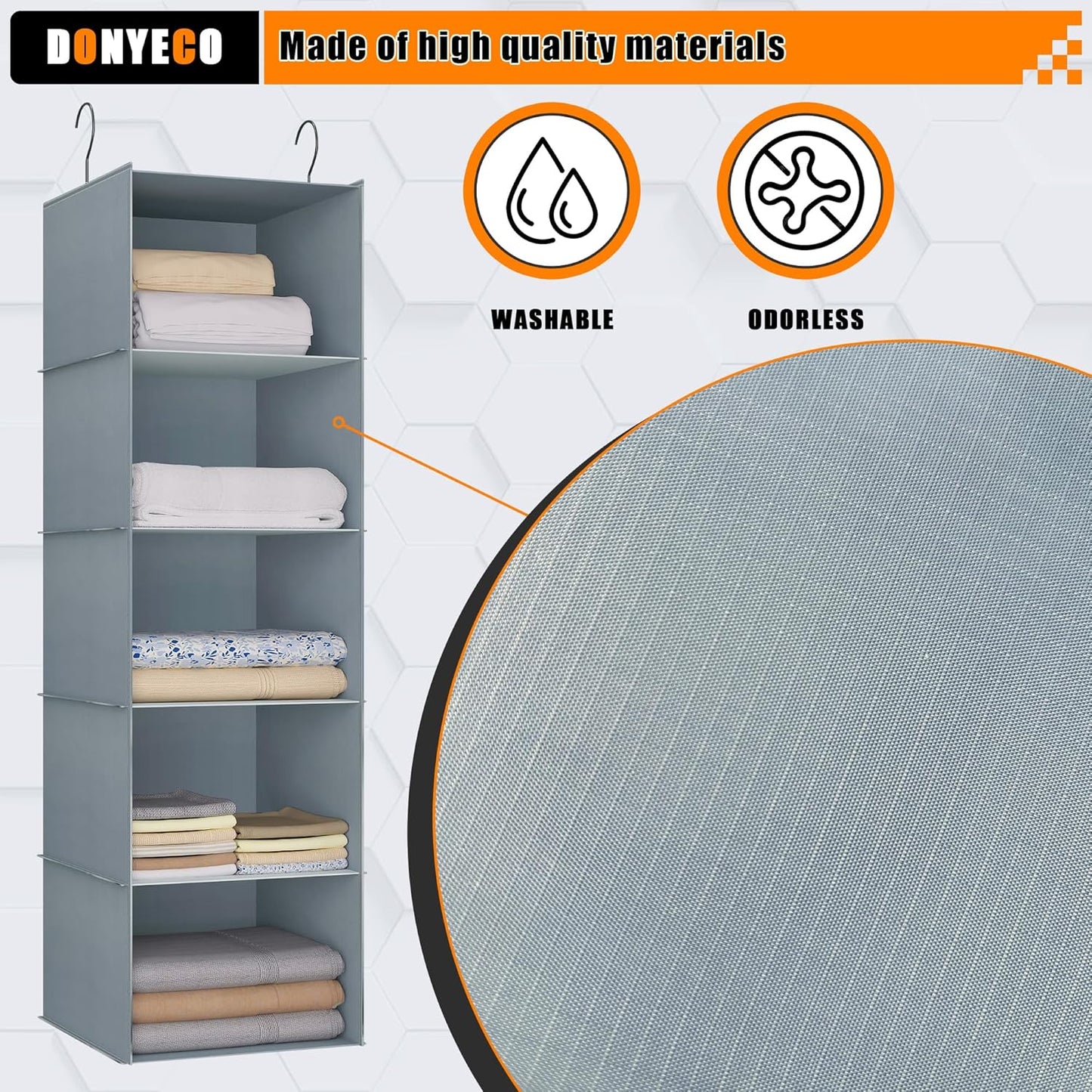 Hanging Closet Organizer 5-Shelf, Easy Mount Foldable Wardrobe Storage Shelves, Clothes Handbag Shoes Accessories, Washable Oxford Cloth Fabric, Gray