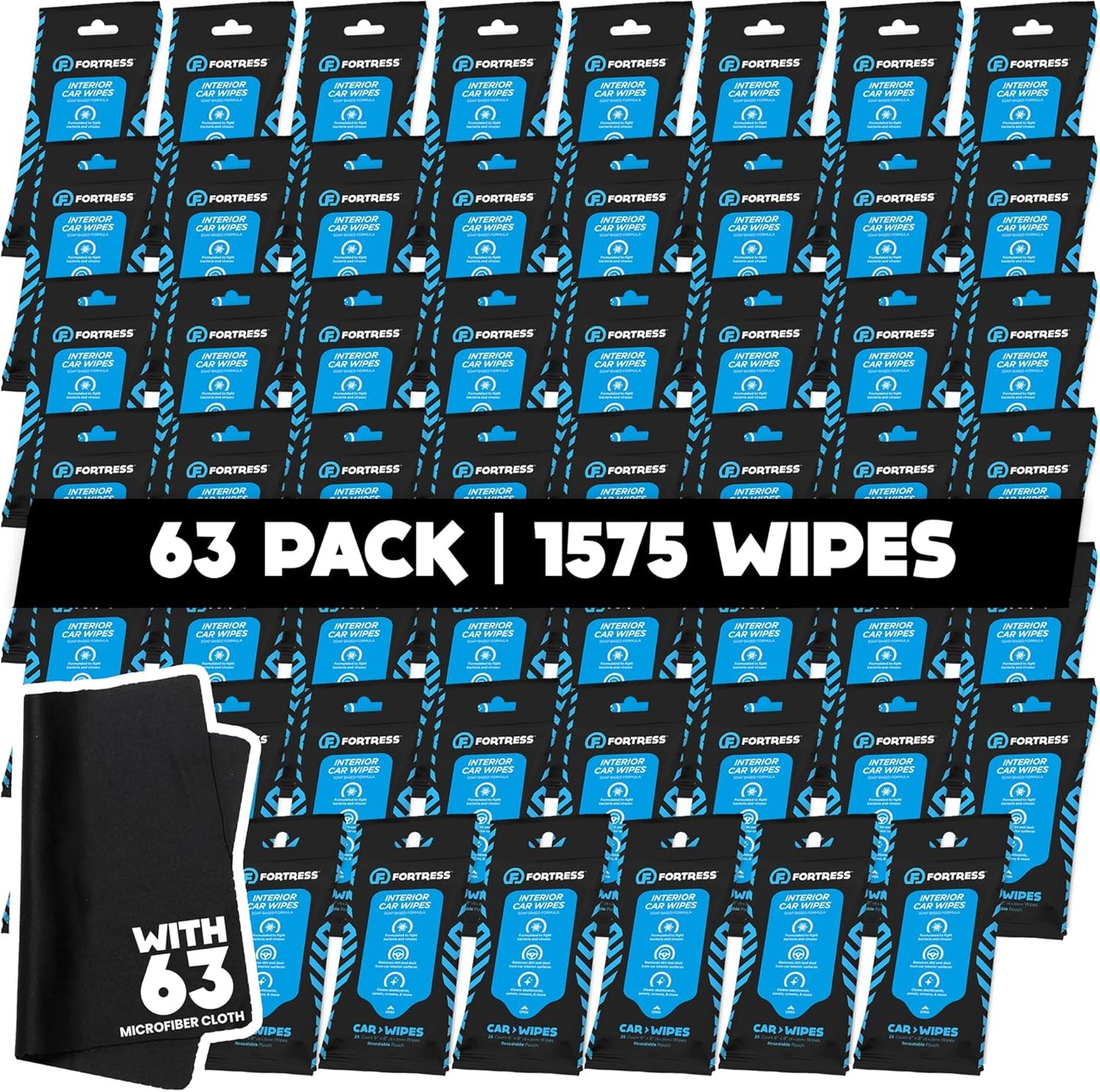Fortress Car Interior Wipes with Microfiber Cloth (25 ct, Pack of 63) for Car Interior Cleaning, Dashboard, Seats, Detailing, and Steering Wheel [Travel Size] Skin-Safe Car Interior Cleaner Supplies