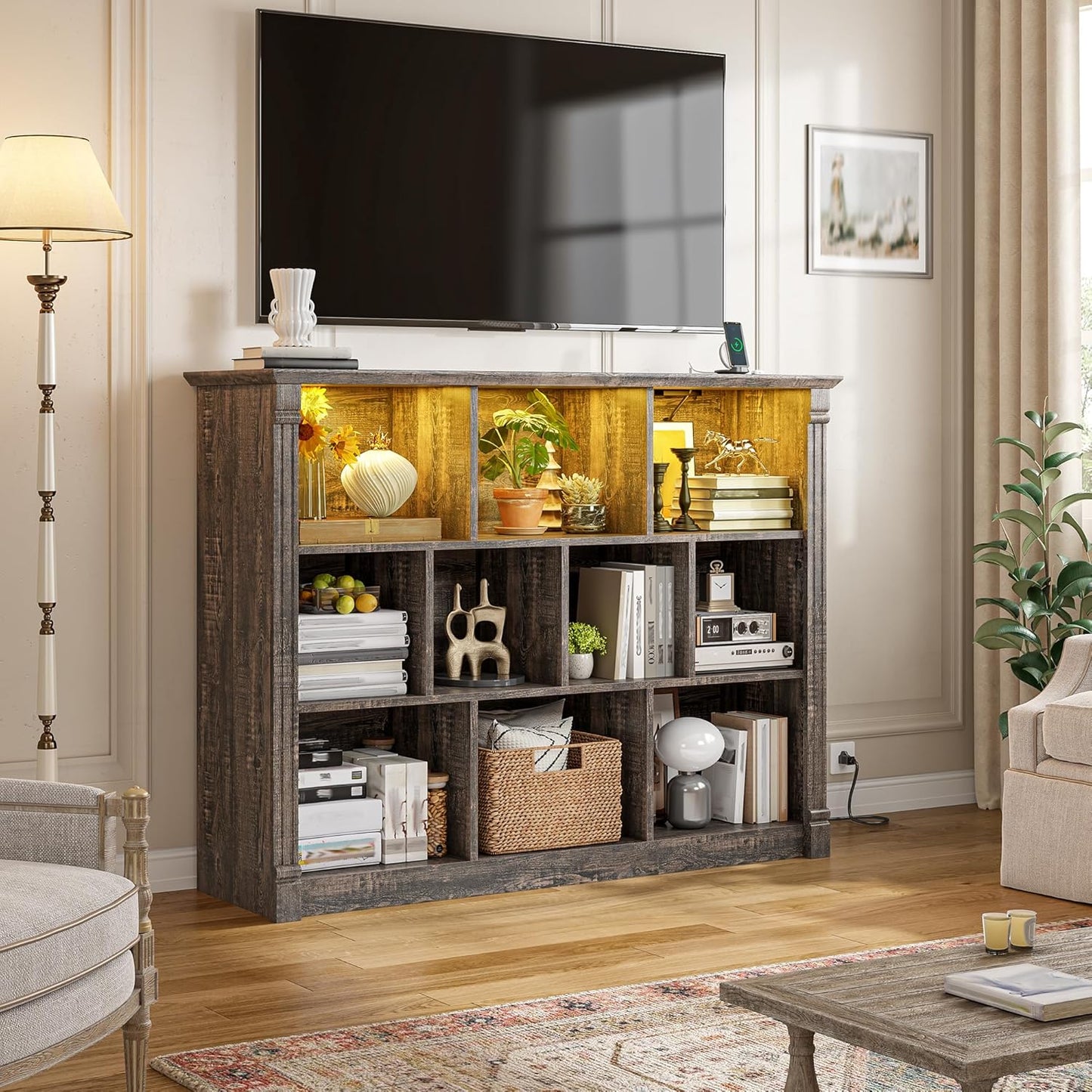 EnHomee 10 Cube Storage Organizer with LED Light and Charging Station Wood Cube Shelf Display Cabinet for Bedroom Living Room,Office,Black Oak