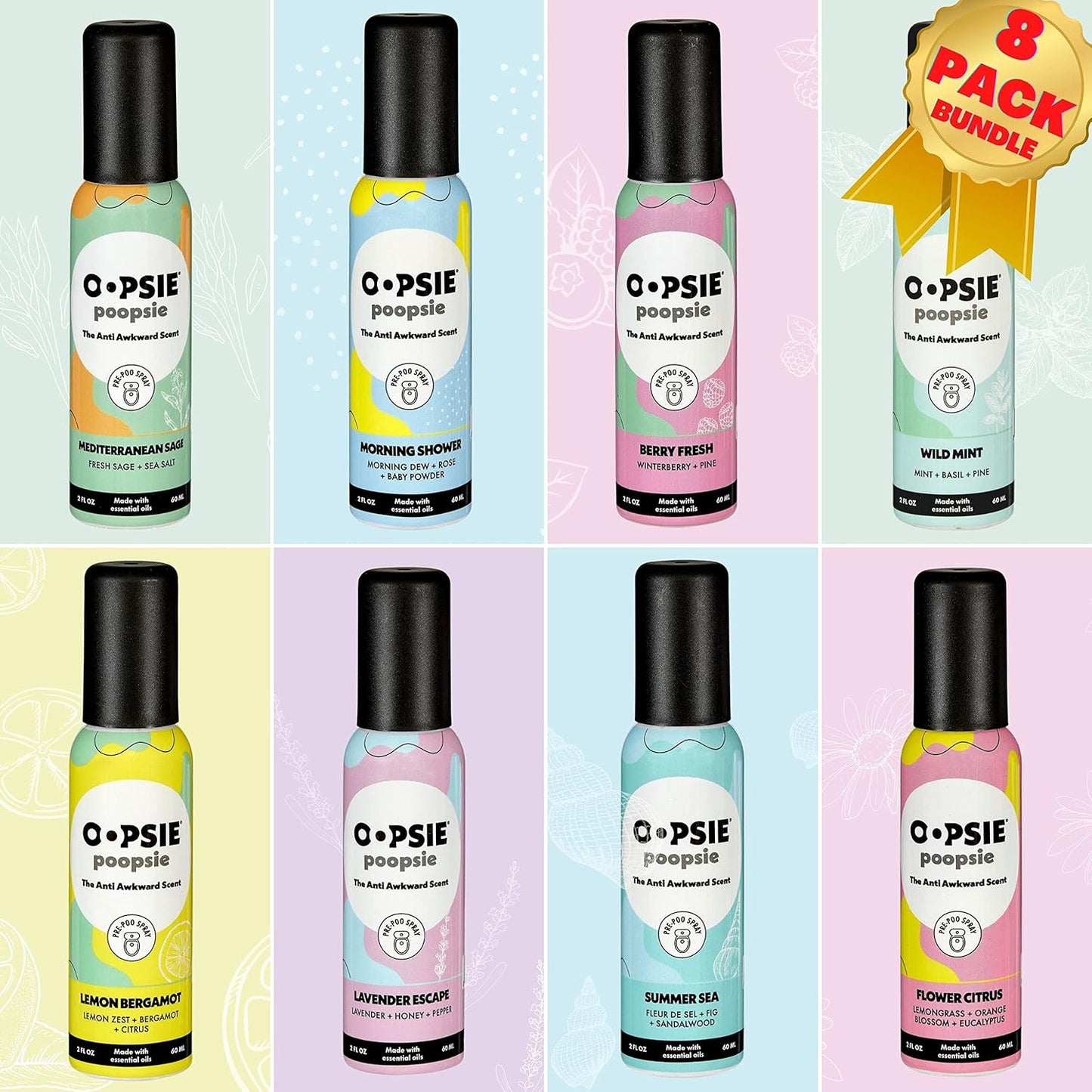 Oopsie Poopsie Pre-Poo toilet spray, discreet & portable original odor deodorizer scents. Pocket-friendly pre-poo spray to use on the go 2oz 8-bottle variety pack for 8-distinct aroma experience