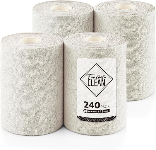 Fantasticlean Microfiber Cleaning Cloth Roll 4 Rolls 240 Pack, Tear Away Paperless Towels, 8" x 8", Reusable Washable Rags, Home Kitchen, Pet, Office, Indoor Outdoor, Compact and Portable (Off-White)