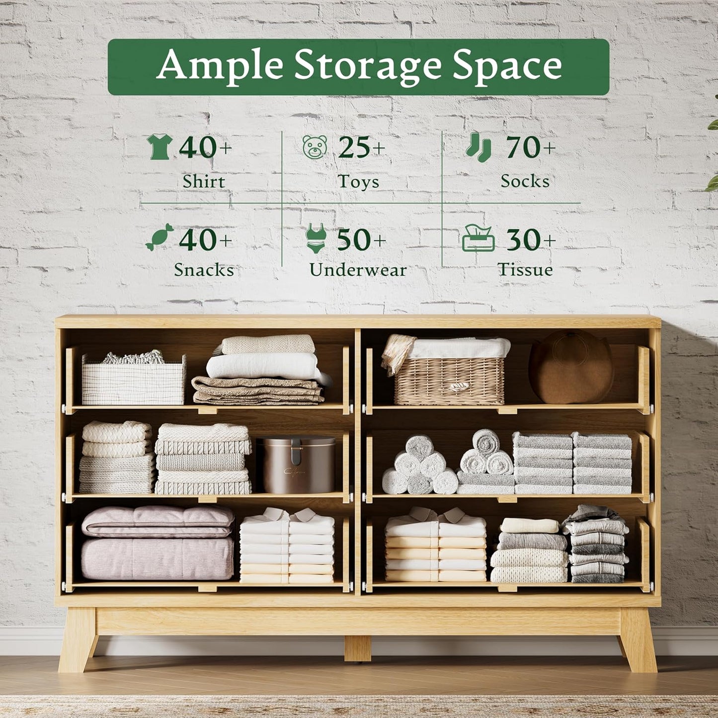 Fluted Dresser with 6 Drawers, 54" Wide Modern Chest of Drawers with Metal Handle, Wooden Dresser TV Stand, Wood Closet Clothes Storage Organizer for Bedroom, Living Room, Hallway, Natural Oak