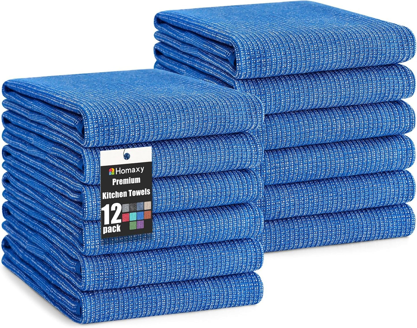 Homaxy Premium Kitchen Towels(18”x 28”, 12 Pack), Large Cotton Kitchen Hand Towels, Flat and Terry Dish Towels, 380 GSM Highly Absorbent Tea Towel Set with Hanging Loop, Blueberry