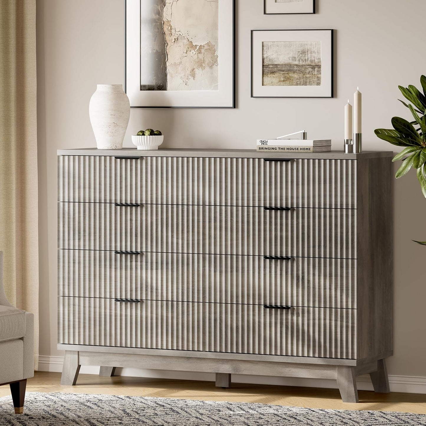 Fluted Dresser with 8 Drawers, 54" Wide Wood Chest of Drawers with Metal Handle, Wooden Dresser TV Stand, Modern Closet Clothes Storage Organizer for Bedroom, Living Room, Hallway, Light Grey