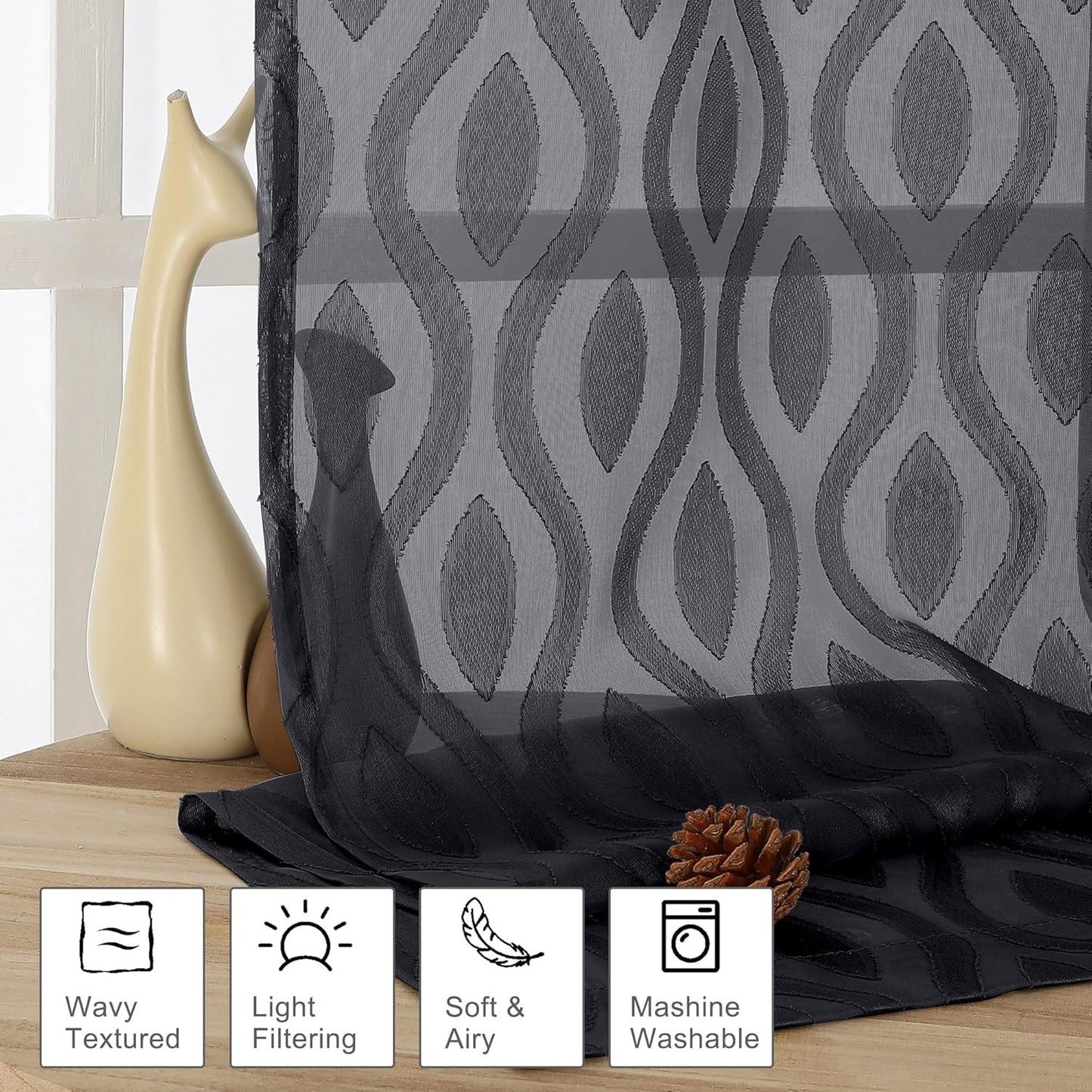 Aiyufeng Black Kitchen Curtains 14 Inch Length, Clip Jacquard Chic Wavy Line Black Valances for Windows, Lightweight Airy Rod Pocket Short Curtains for Bathroom Basement, 2 PCS, 40" Wx14 L Inches