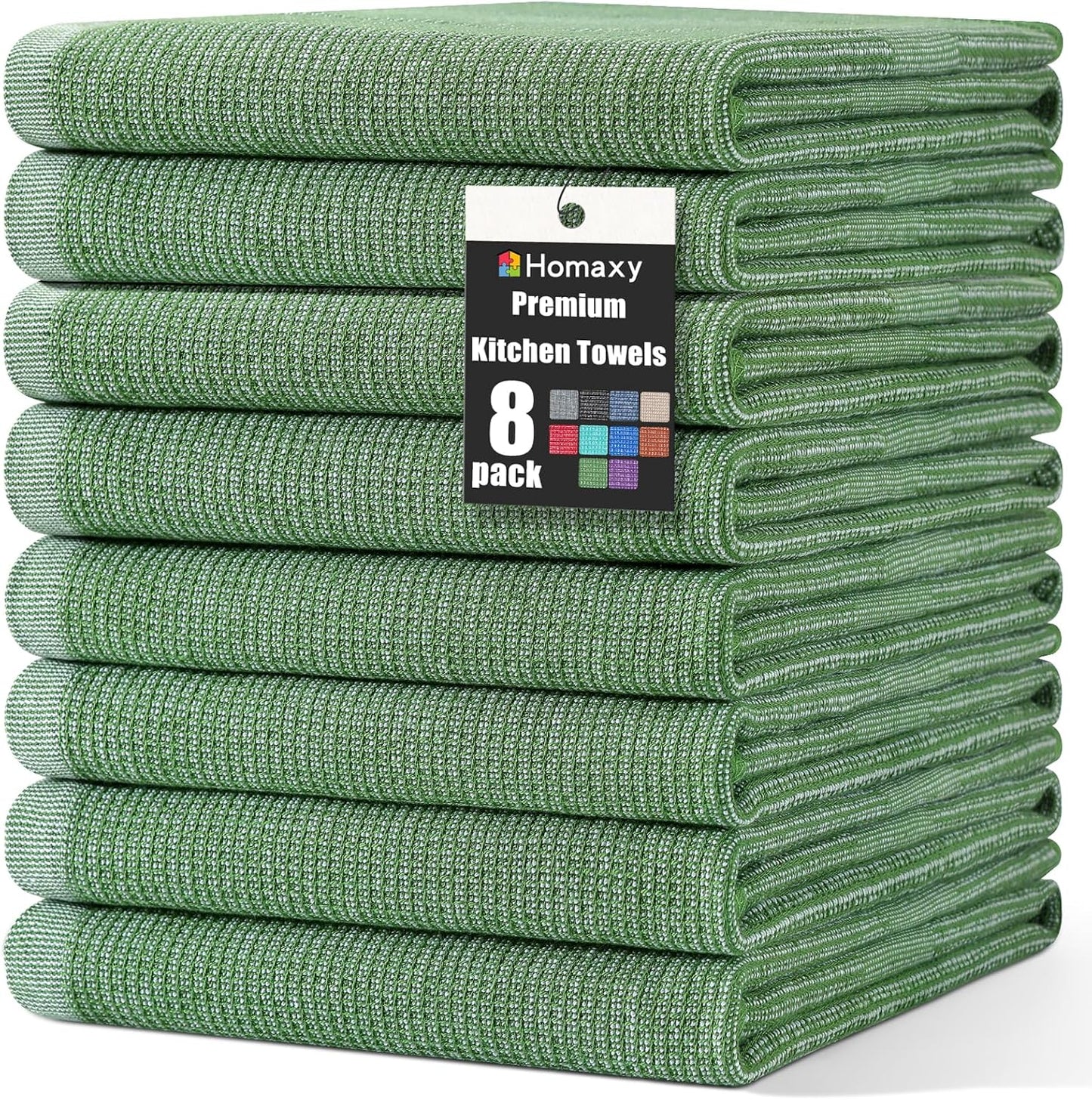 Homaxy Premium Kitchen Towels(18”x 28”, 8 Pack), Large Cotton Kitchen Hand Towels, Flat and Terry Dish Towels, 380 GSM Highly Absorbent Tea Towel Set with Hanging Loop, Grass Green