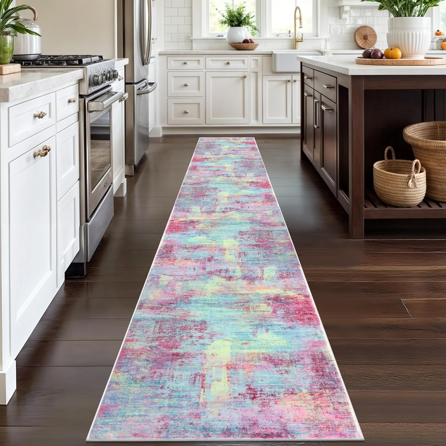 IOHOUZE Abstract Runner Rug 2x12 Ft Washable Runners for Hallways, Non Slip Kitchen Runner Printed Faux Wool Entryway Runner Indoor, Modern Abstract Floor Carpet for Hall Kitchen, Pink Teal