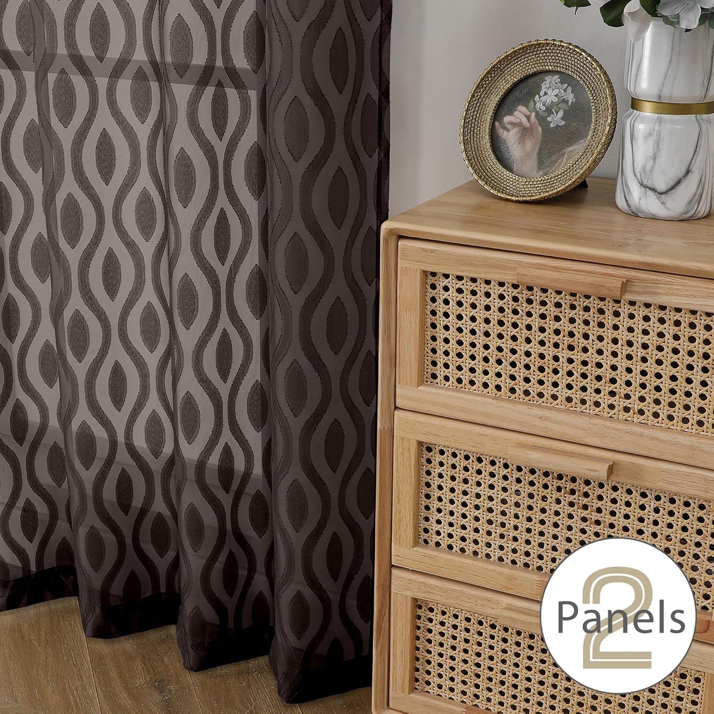 Aiyufeng Brown Valance Curtains 14 Inch Length, Chic Wavy Line Clip Jacquard Sheer Curtains for Basement Bathroom, Lightweight Solid Rod Pocket Small Window Curtains, 2 PCS, 40Wx14L Inch