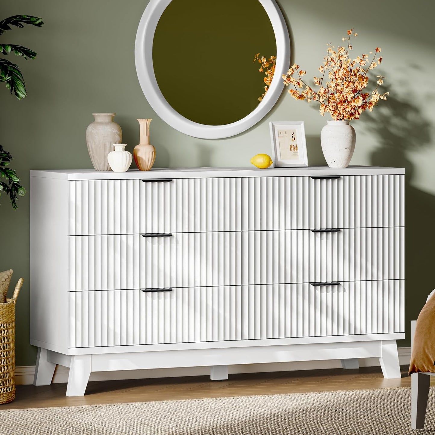 Fluted Dresser with 6 Drawers, 54" Wide Modern Chest of Drawers with Metal Handle, Wooden Dresser TV Stand, Wood Closet Clothes Storage Organizer for Bedroom, Living Room, Hallway, Solid White