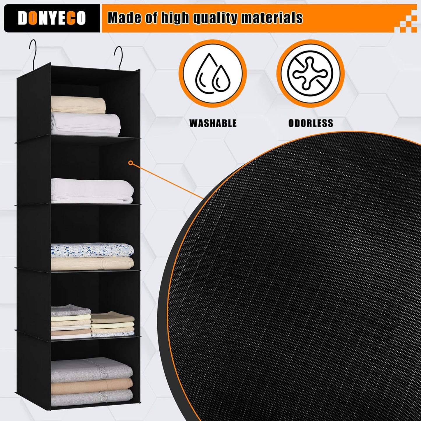 Hanging Closet Organizer and Storage 5-Shelf, Easy Mount Foldable Hanging Closet Wardrobe Shelves, Clothes Handbag Shoes Accessories Storage, Washable Oxford Cloth Fabric, Black