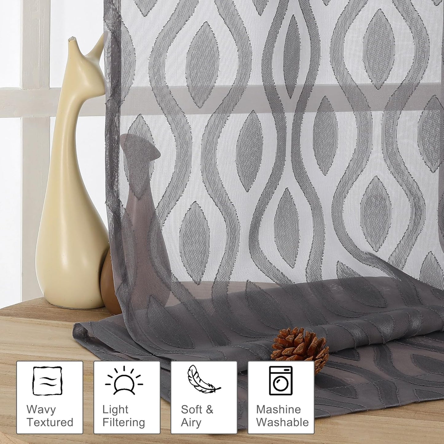 Aiyufeng Charcoal Grey Sheer Curtains 84 Inches Long 2 Panels, Solid Airy Light Filtering Window Treatments for Bedroom Living Room, Modern Wavy Line Rod Pocket Curtains, Total 80 inches Width