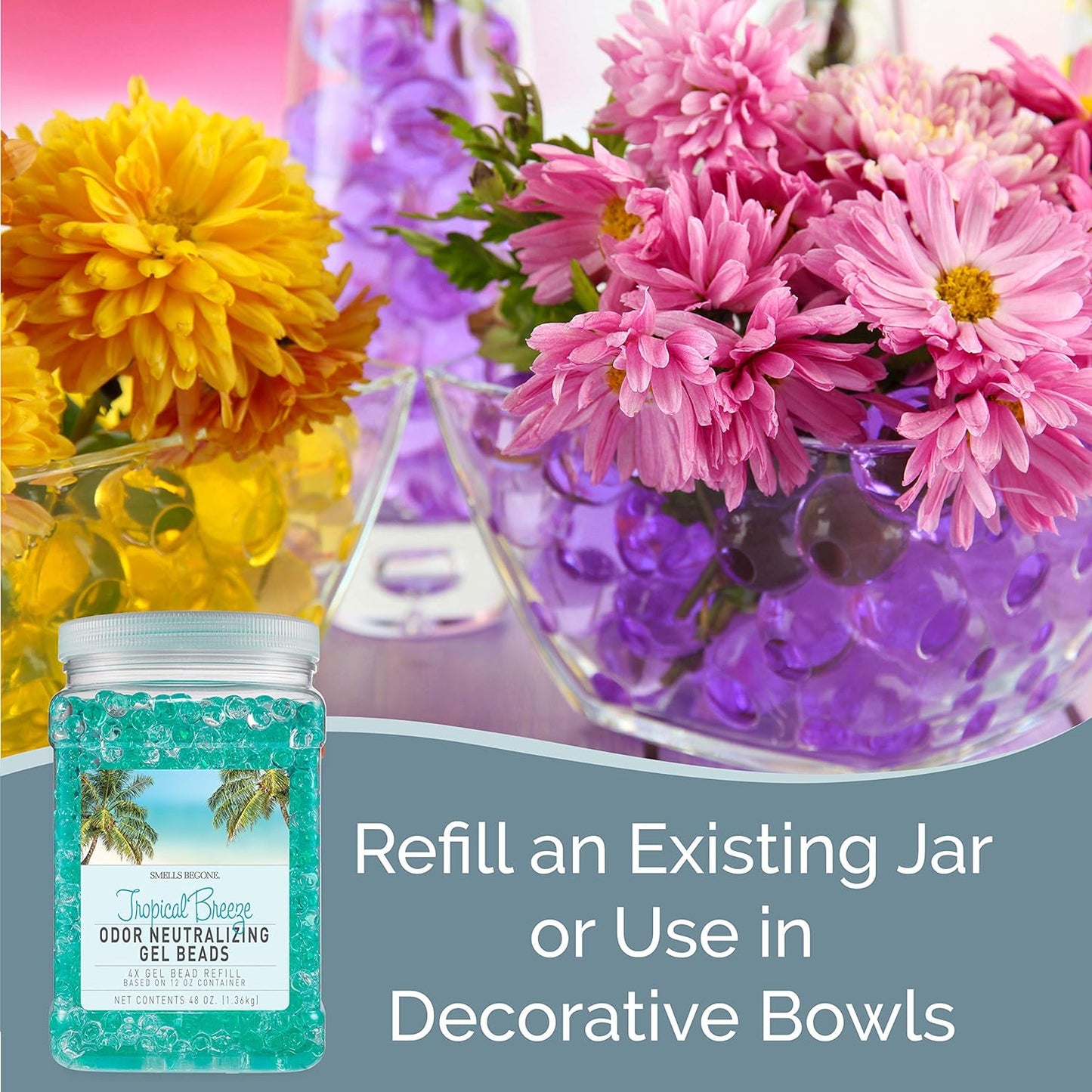 SMELLS BEGONE 48 oz Odor Eliminator Gel Bead Refill - Eliminates Odors in Bathrooms, Cars, Boats, RVs & Pet Areas - Air Freshener - Made with Essential Oils - Tropical Breeze Scent