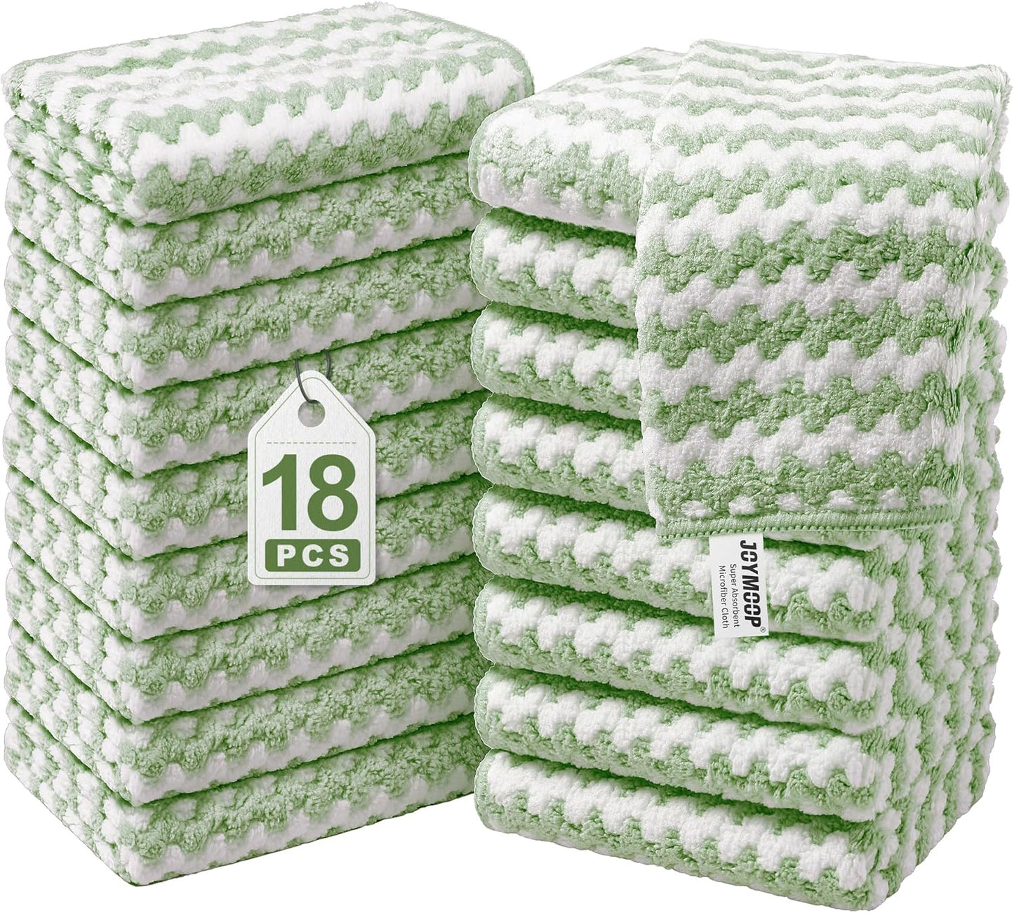 JOYMOOP Microfiber Cleaning Cloths – 18 Pack, 10" x 10", Green – Reusable, Lint-Free, Super Absorbent Towels for Kitchen, Car, and Household Cleaning