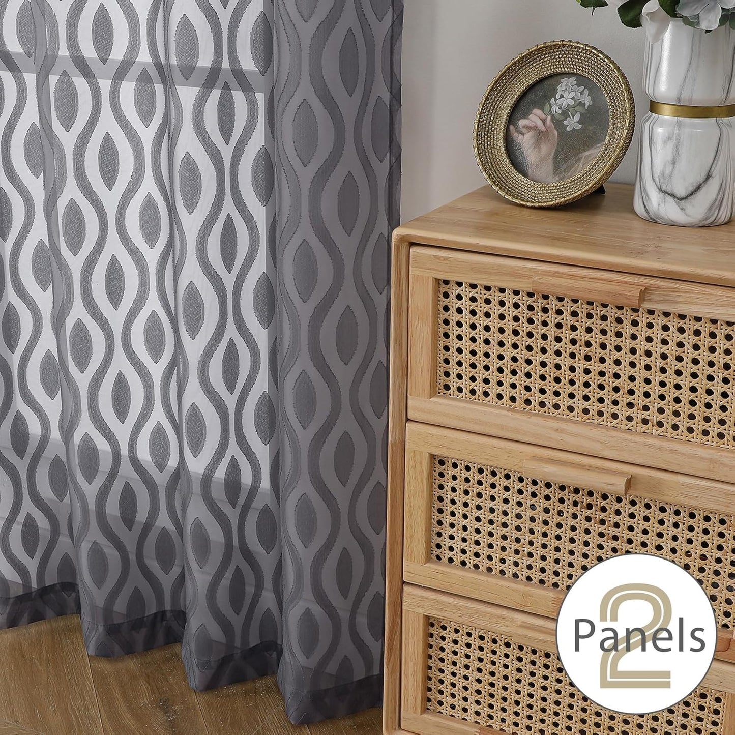 Aiyufeng Grey Valances for Windows, Clip Jacquard Chic Wavy Line Voile Sheer Curtains for Basement, Lightweight Airy Rod Pocket Short Curtains, 2 PCS, 40" Wx14" Inches