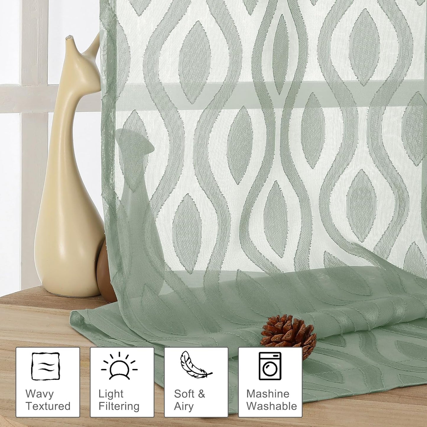 Aiyufeng Green Valance Curtains 14 Inch Length, Chic Wavy Line Clip Jacquard Sheer Curtains for Basement Bathroom Small Curtain, Lightweight Solid Rod Pocket Small Window Curtains, 2 PCS, 40Wx14L Inch