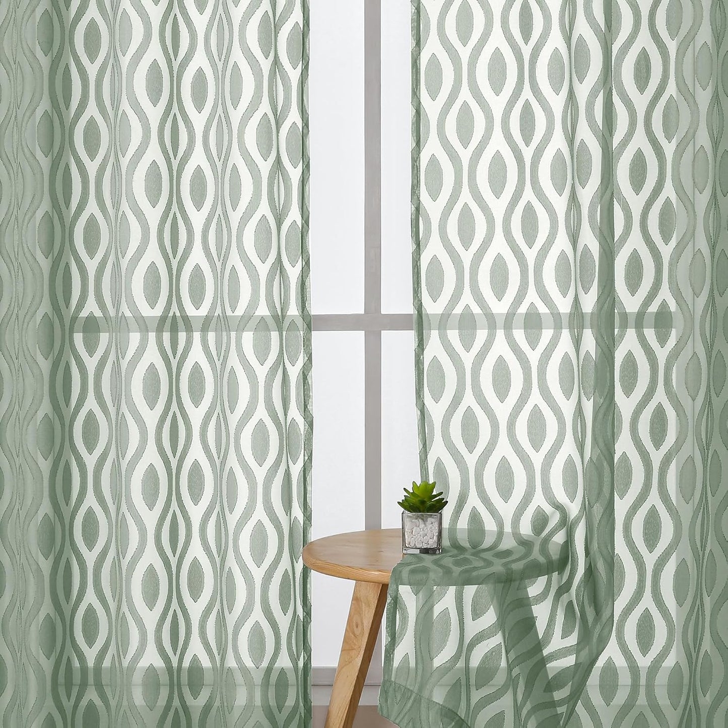 Aiyufeng Sheer Green Curtains 84 Inches Long 2 Panels, Modern Airy Light Filtering Wavy Line Clip Jacquard Window Treatments for Bedroom Living Room, Rod Pocket Curtain Drapes, Total 80 inches Width