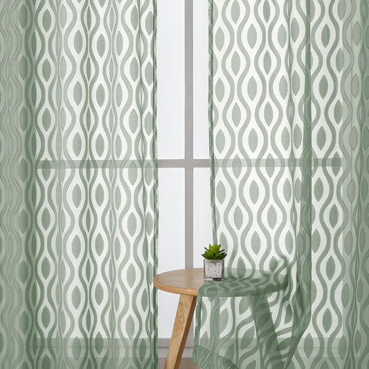 Aiyufeng Sheer Green Curtains 84 Inches Long 2 Panels, Modern Airy Light Filtering Wavy Line Clip Jacquard Window Treatments for Bedroom Living Room, Rod Pocket Curtain Drapes, Total 80 inches Width