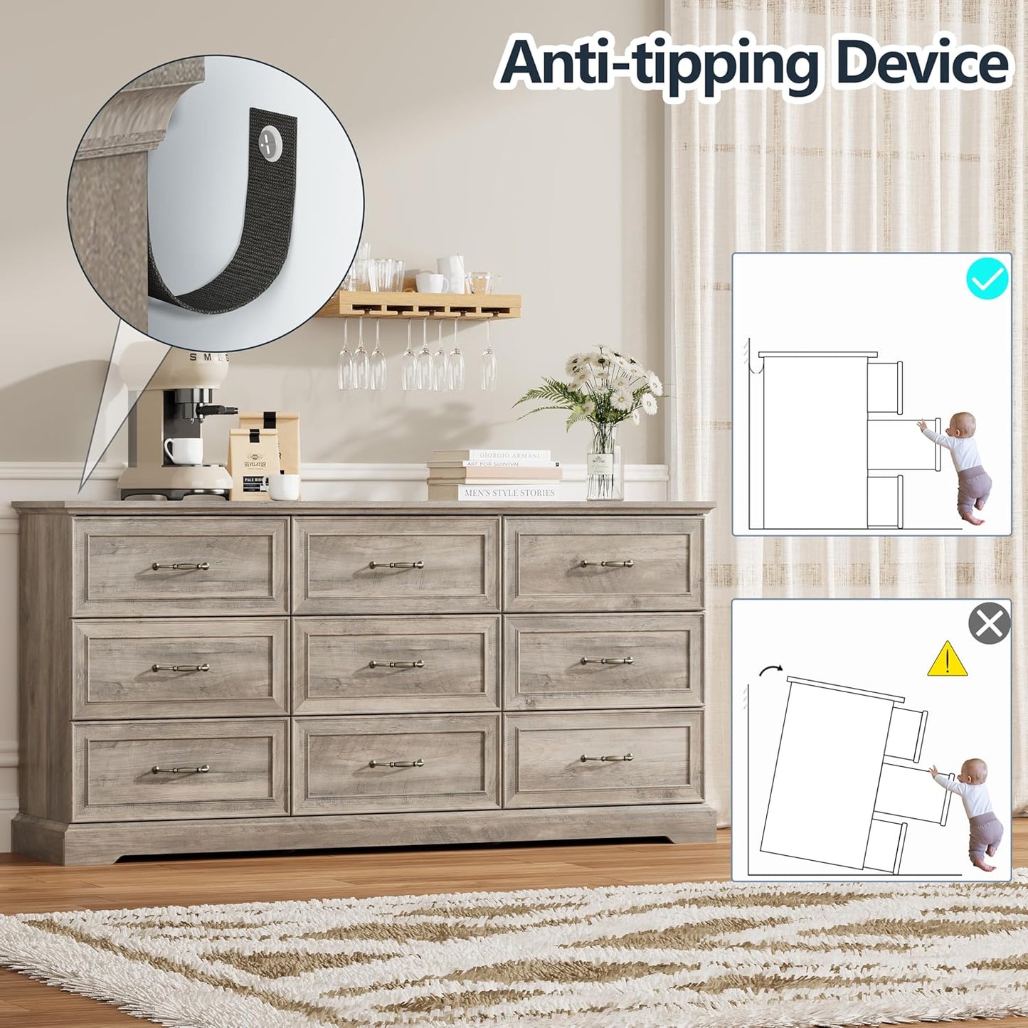 9 Drawer Dresser for Bedroom, 63" Wide Wooden Chest of Drawers, Rustic Farmhouse Dresser with Large Drawers & Metal Handles, Modern Storage Organizer for Closet, Living Room, Hallway, Grey