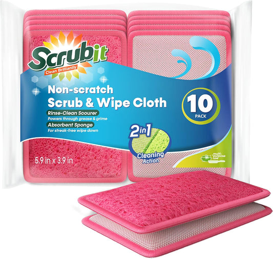 Scrub and Wipe Scrubbing Pads [10 Pack] – SCRUBIT Dual Sided Scouring Pad and Sponge - Reusable Kitchen Scrubbing Sponges for Dishes, Pots, Pans Utensils & Non-Stick Cookware (Pink)
