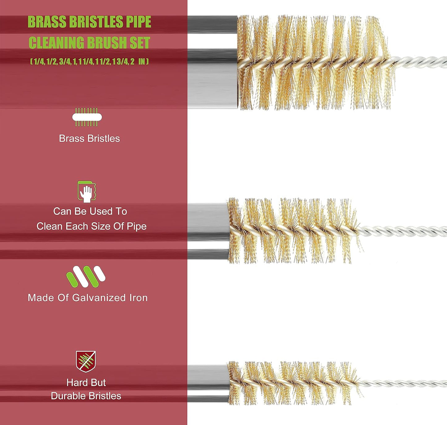 16 Inch Extra Long Pipe Cleaning Brush Set with Brass Bristles, 8 Piece Variety Pack for Auto Parts, Bottles,Tubes, Etc.