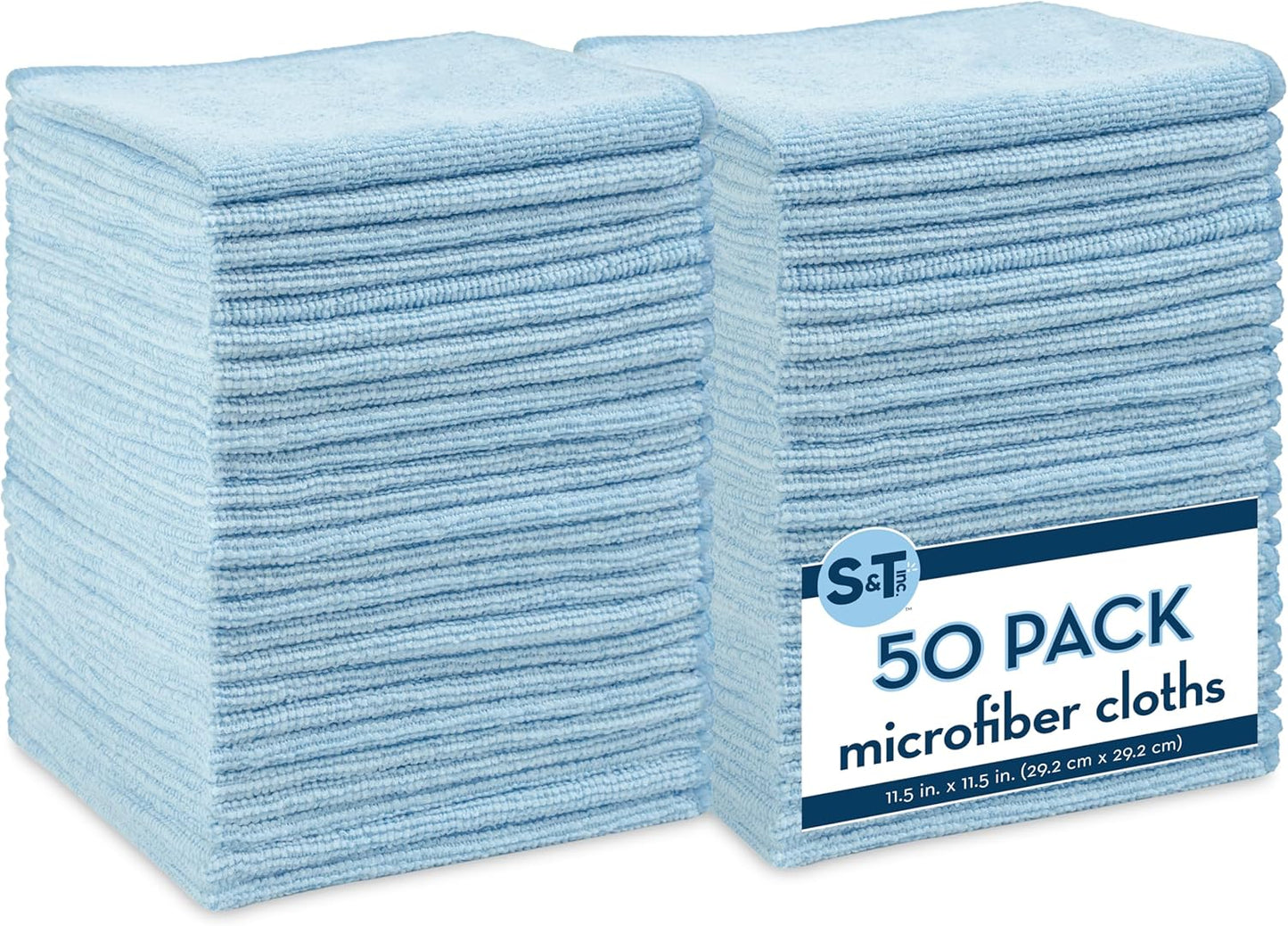 S&T INC. 50 Pack Microfiber Cleaning Cloth, Bulk Towels for Home, Reusable Microfiber Towels for Cars, Cleaning Rags, Light Blue, 11.5 Inches x 11.5 Inches, 50 Count
