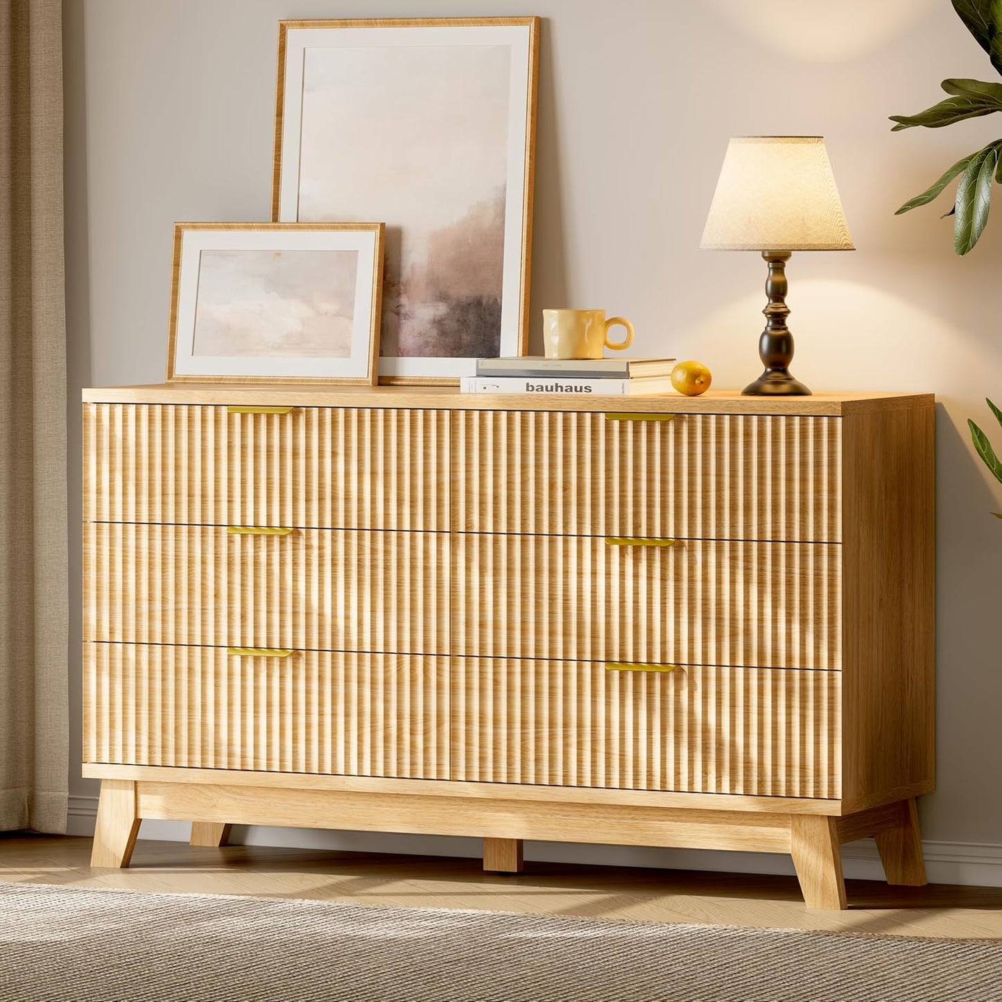 Fluted Dresser with 6 Drawers, 54" Wide Modern Chest of Drawers with Metal Handle, Wooden Dresser TV Stand, Wood Closet Clothes Storage Organizer for Bedroom, Living Room, Hallway, Natural Oak