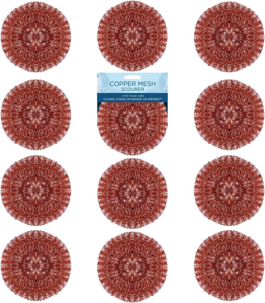 LOLA Copper Mesh Scouring Pad, 18 Grams, 12 Pack, Heavy Duty Cleaning Pads, Copper Coated Knitted Flat Wire Mesh, Recyclable, Cleans Baked On Messes