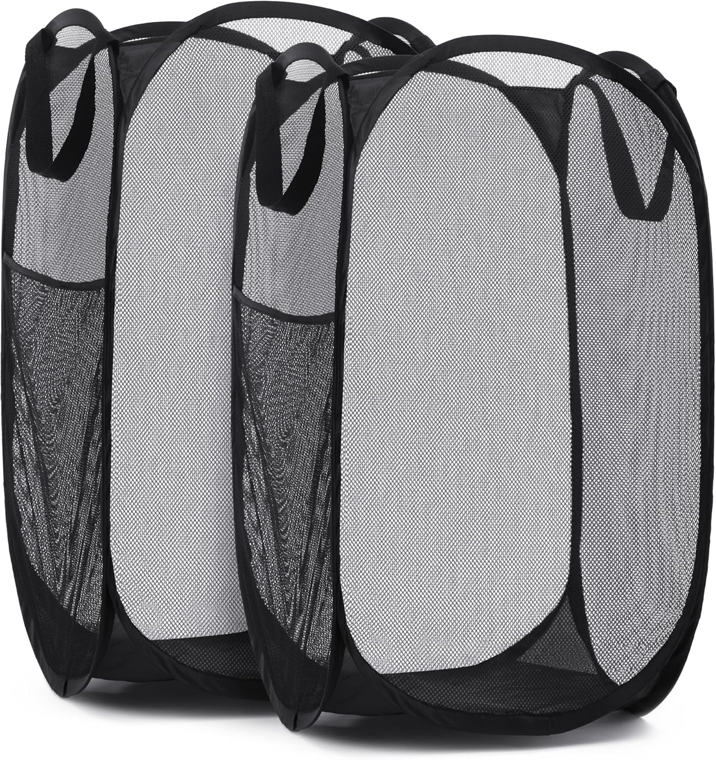 Handy Laundry Collapsible Mesh Pop Up Hamper with Wide Opening and Side Pocket - Breathable, Sturdy, Foldable, and Space-Saving Design for Clothes and Storage (Black | 2-Pack)
