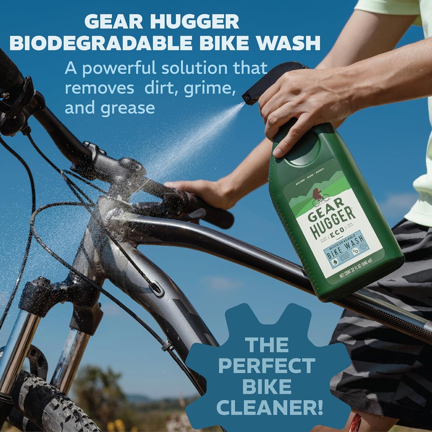 Gear Hugger Bike Wash Spray (32 oz, Pack of 1) – Eco-Friendly Cleaner Spray, Wash Soap with Natural Saponins & Eucalyptus – Safe for All Bikes, Anti Corrosion Spray