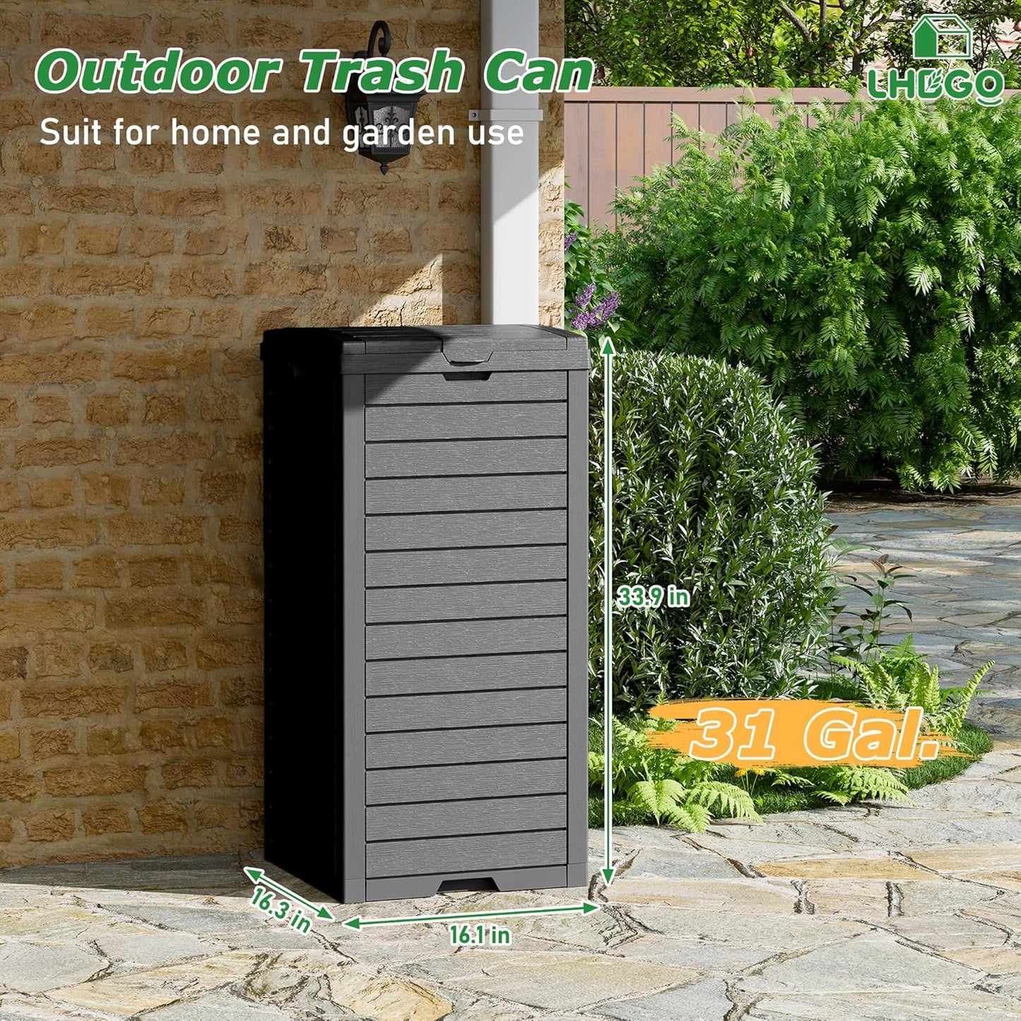 Outdoor Trash Can, 31 Gallon Garbage Can with Tiered Lid and Drip Tray, Waterproof Resin Patio Waste Bin for Garden, Backyard, Deck