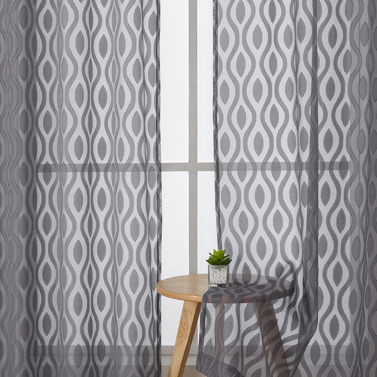 Aiyufeng Sheer Grey Curtains 54 Inch Length 2 Panels, Soft Lightweight Clip Jacquard Textured, Modern Wavy Line Voile for Bedroom Living Room, 40" W x 54" L